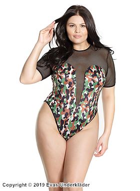 Dessous-Teddy, kleines Netz, kurze Ärmel, Schlüsselloch, Tarnmuster, Plus Size